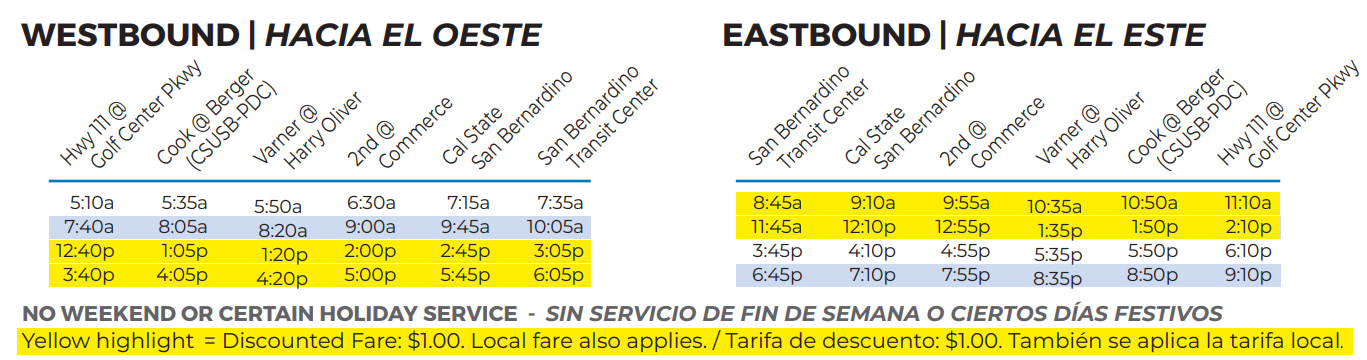 table showing the schedule of the 10 commuter link going west and east. It also shows, highlighted, the times when the price to ride is $1