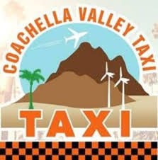 Coachella Valley Taxi logo with an image of a taxi and mountains in the background