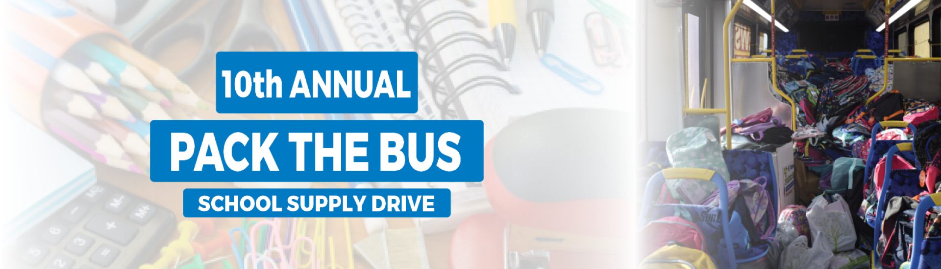 Pack the Bus School supply drive banner with the name and year